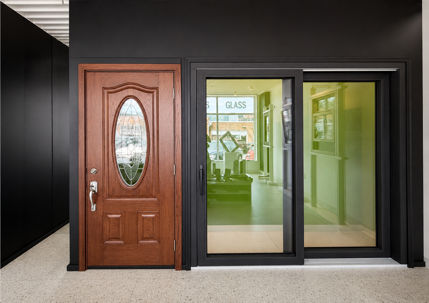 Inside the All Dwelling Solutions showroom in North Bethesda, MD — windows and doors on display