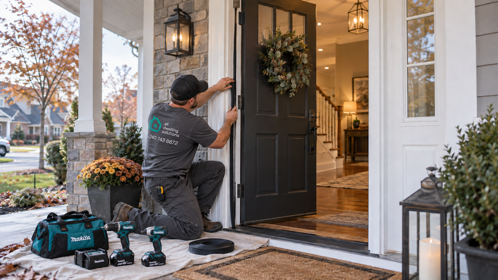 Professional installing weatherstripping around an exterior door at a Maryland home before winter.