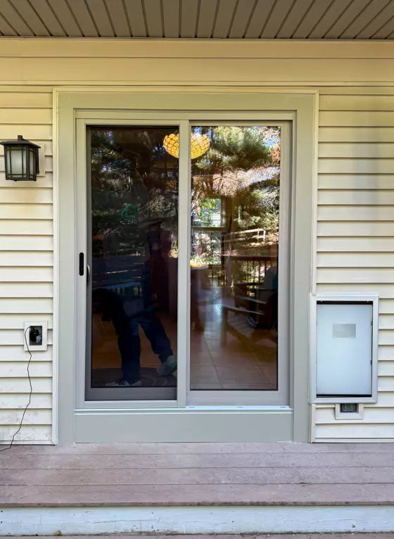 Patio Door Replacement and Wall Dog Door Installation project photo.