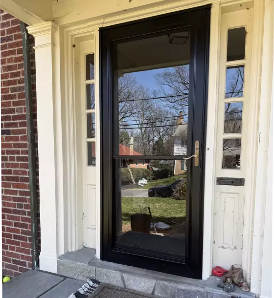 Black storm door installed at residential front entrance