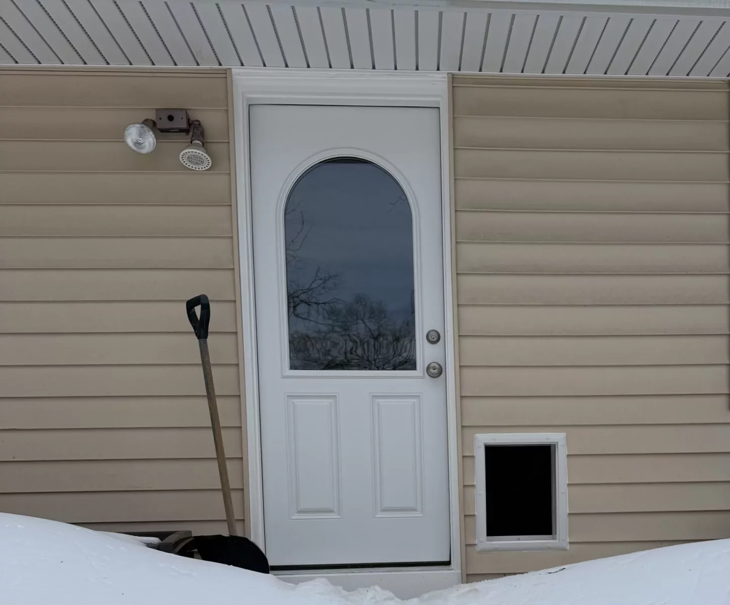 Exterior house door with installed pet door and snow on the ground