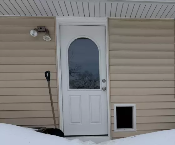 Exterior house door with installed pet door and snow on the ground