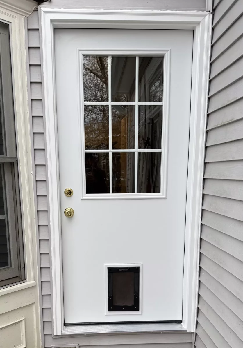 White exterior door with pet door installed and adjacent window