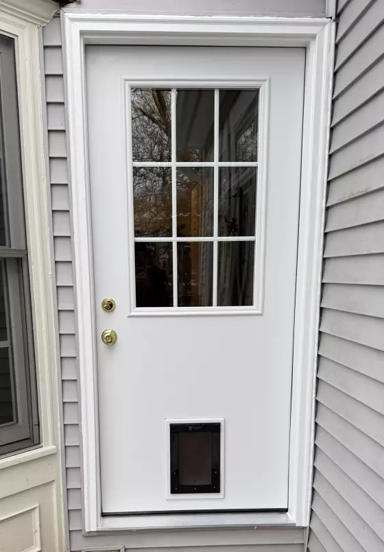 White exterior door with pet door installed and adjacent window
