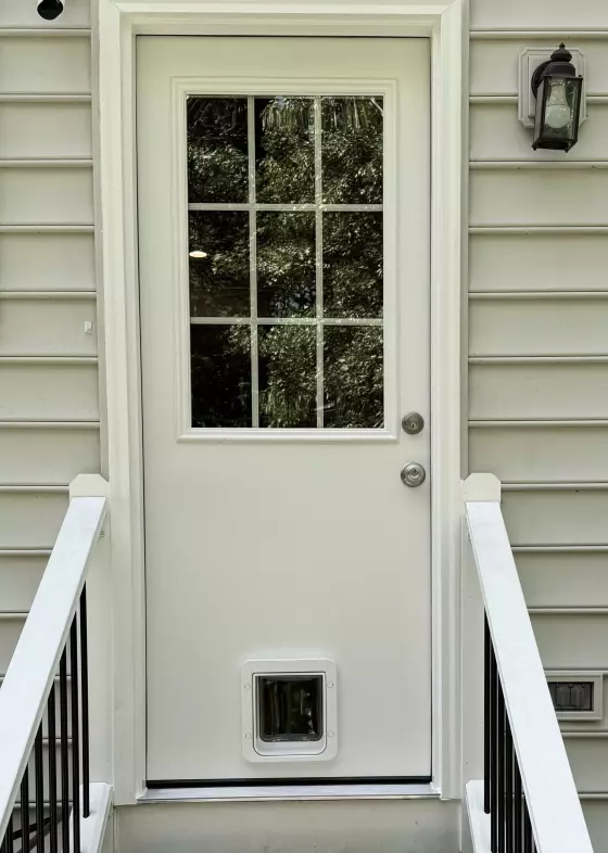 Exterior door with glass panel and installed pet door