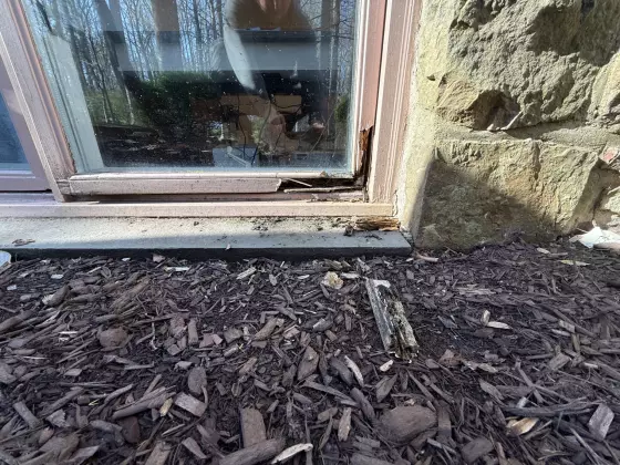 rotted window frame with visible wood damage and mulch outside