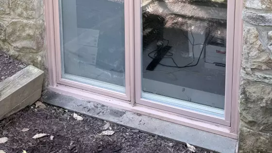 Exterior view of a double-pane window set in a stone facade