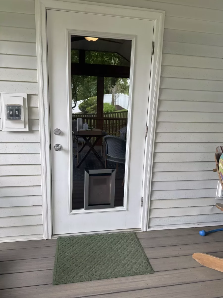 Exterior door with installed pet door and green mat on deck
