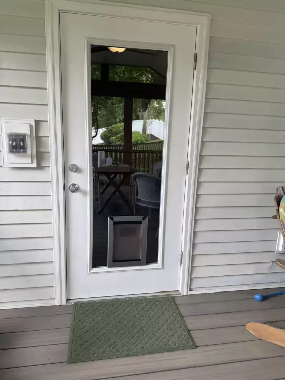 Exterior door with installed pet door and green mat on deck