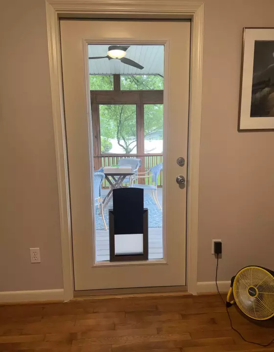 Interior view of a door with a pet door installed