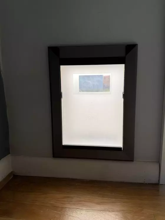 Installed pet door with frosted glass in interior wall