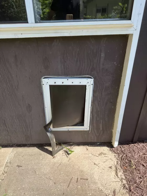 .	Exterior wall opening prepared for custom pet door installation